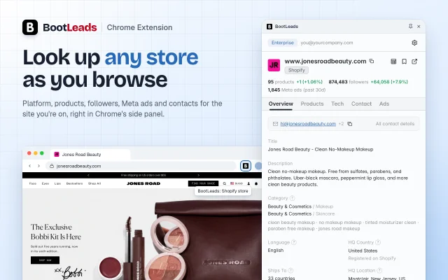 BootLeads Chrome extension side panel open next to a store's homepage