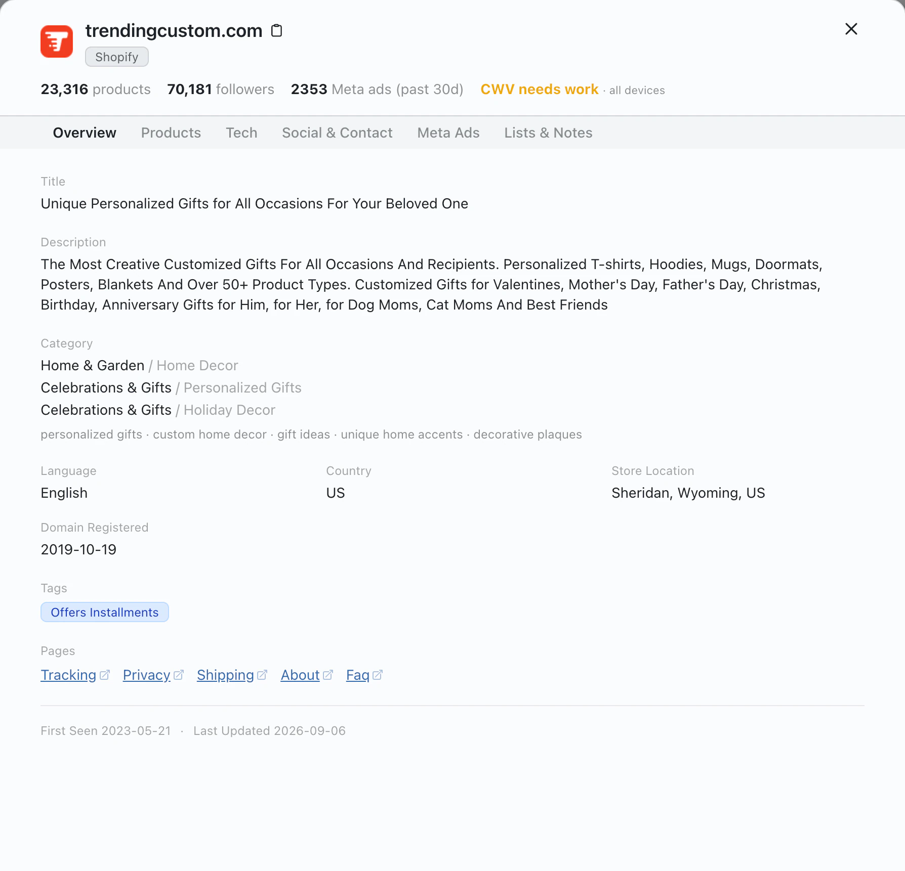 Store overview showing title, category, location, and tags