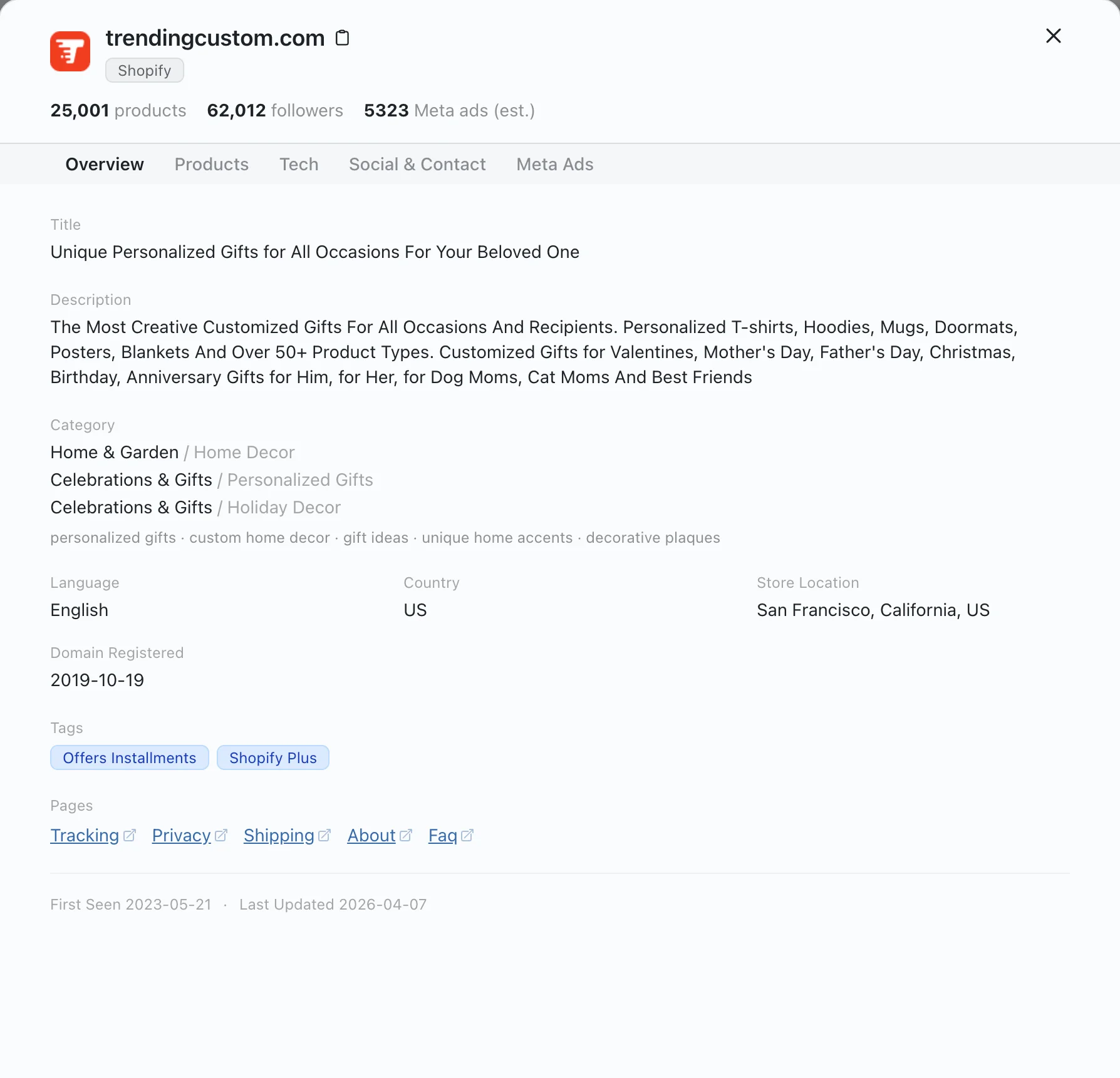 Store overview showing title, category, location, and tags
