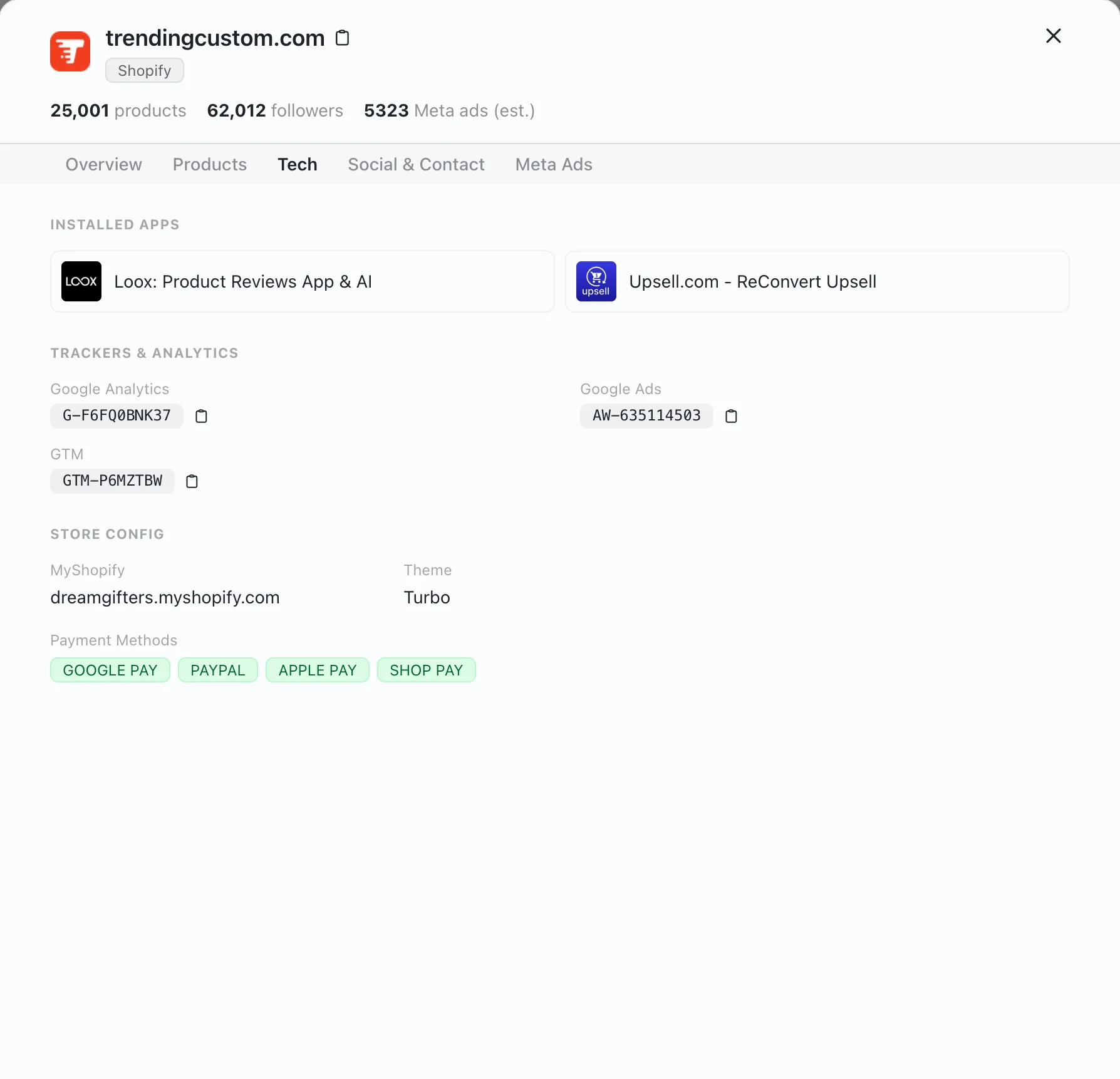 Tech tab showing installed apps, trackers, and payment methods