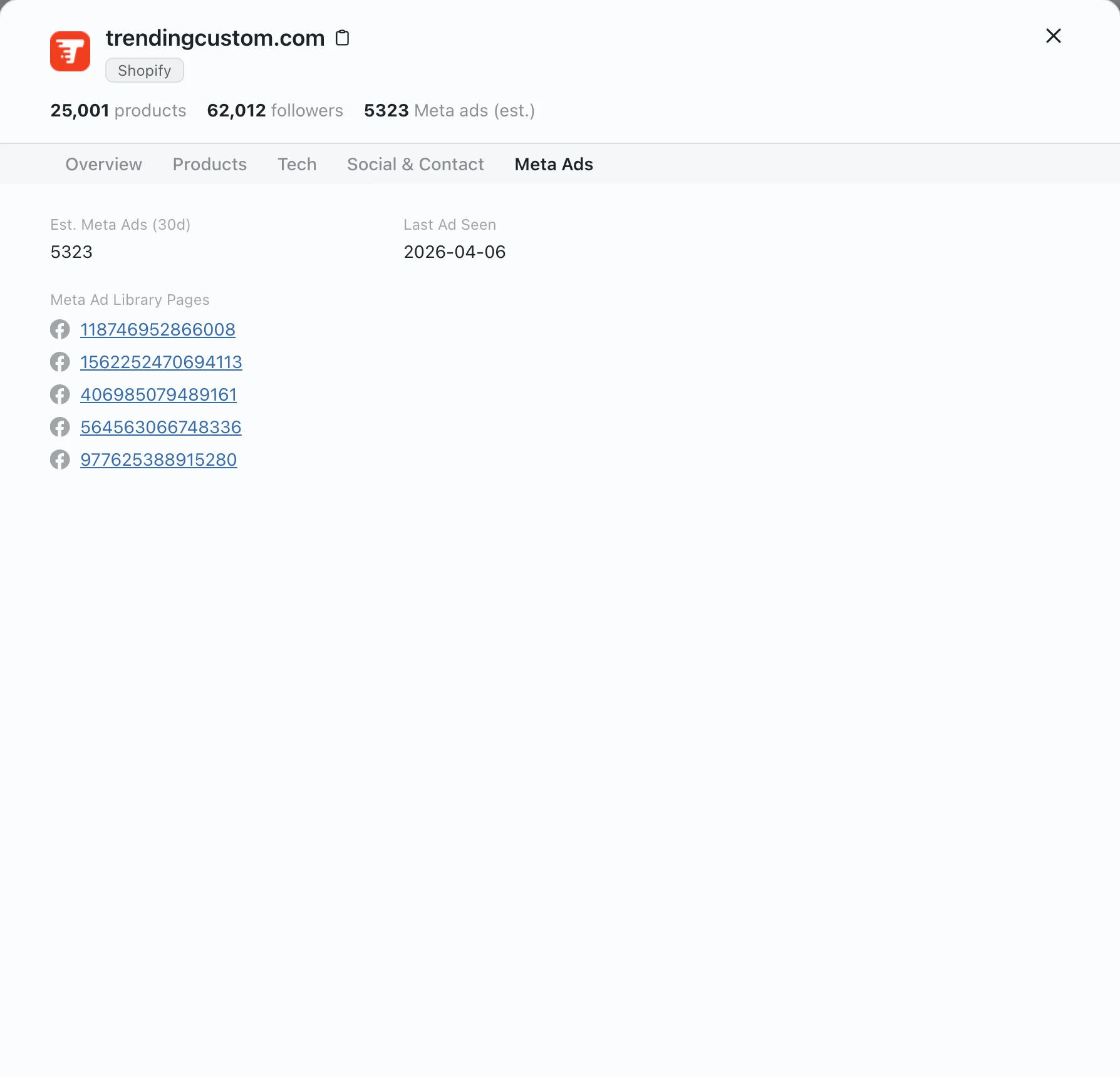 Meta Ads tab showing ad count and ad library pages