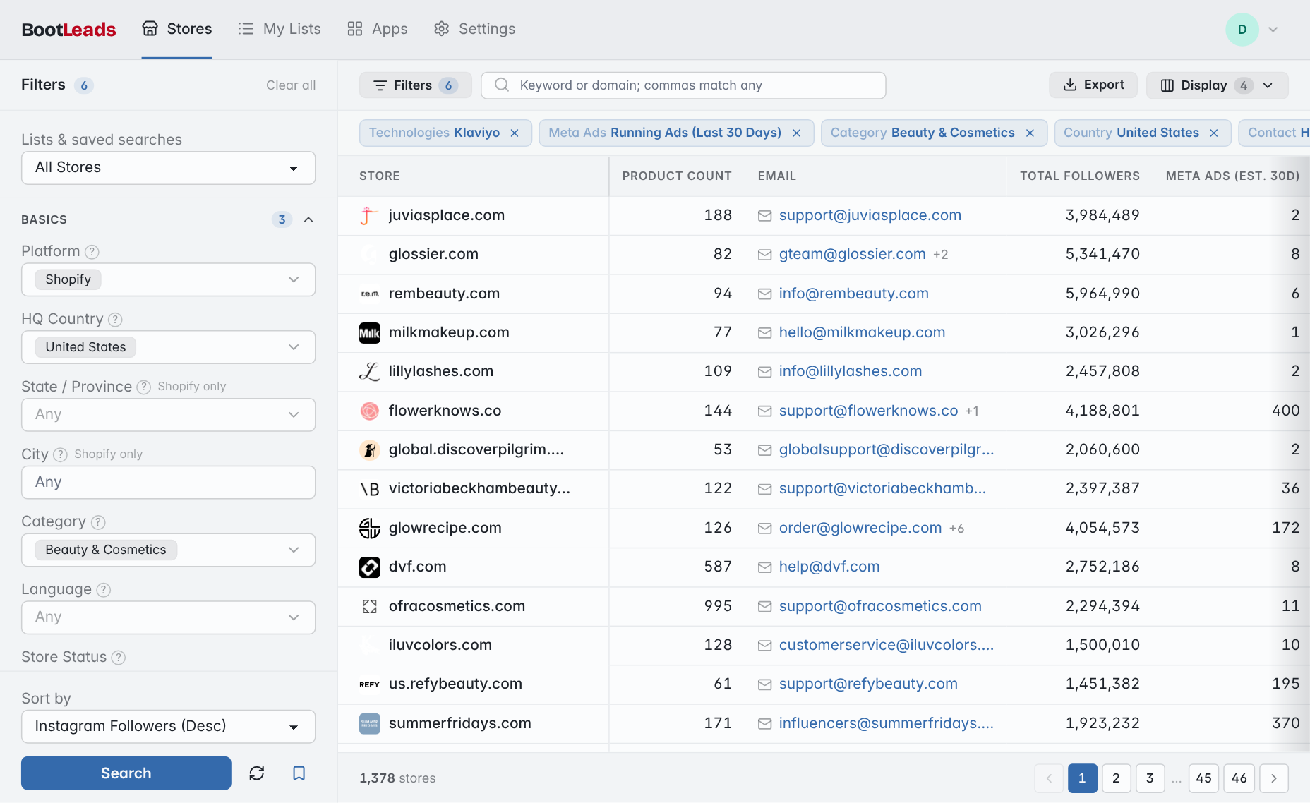 BootLeads store search filtered to US Shopify beauty brands that run Meta ads and use Klaviyo, with emails, followers and ad counts
