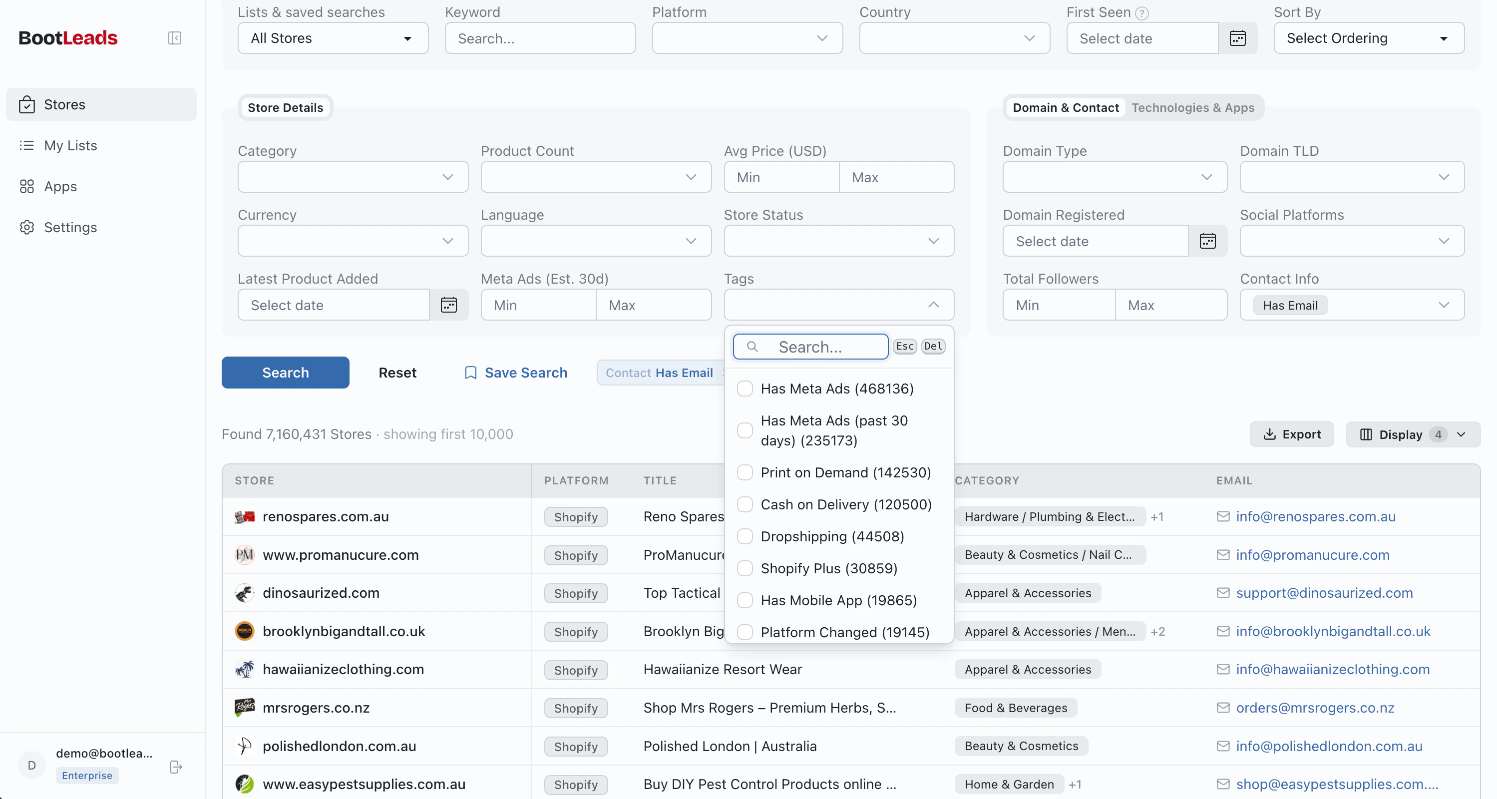 Ecommerce leads database dashboard with store filters and prospect results