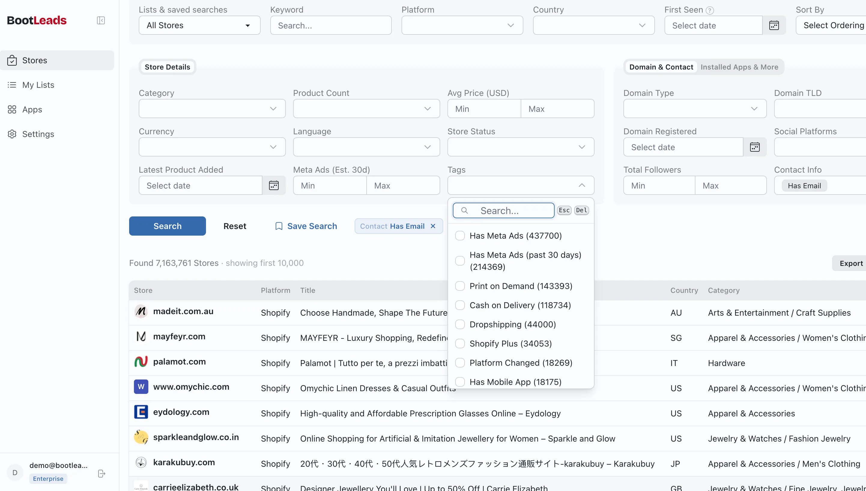 Ecommerce leads database dashboard with store filters and prospect results