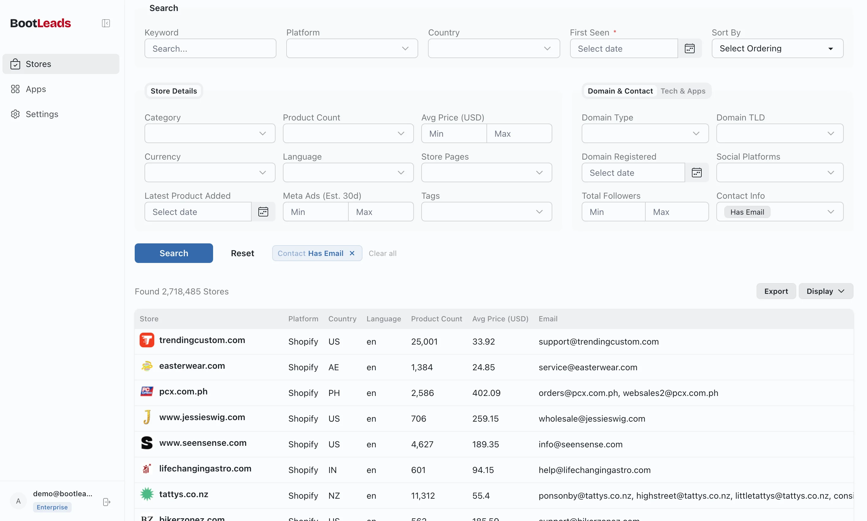 BootLeads dashboard showing store search results