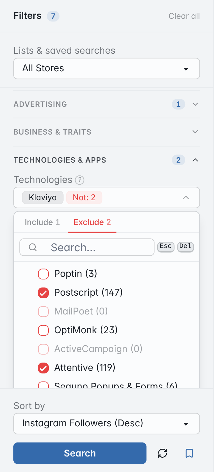 The Technologies filter with Klaviyo included and Postscript and Attentive excluded, with a store count next to each option