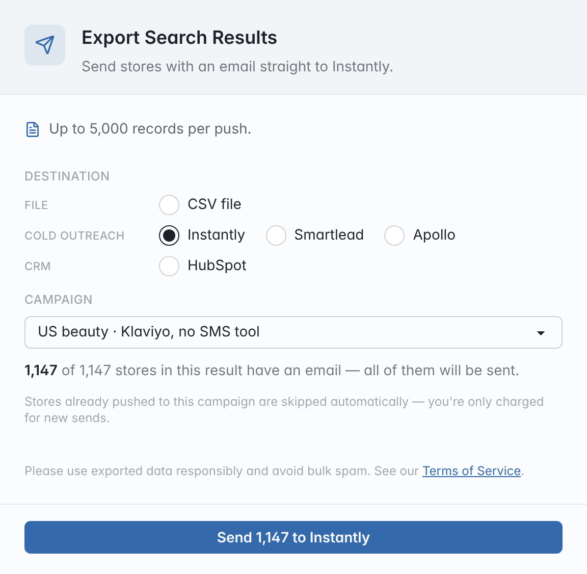 Export panel sending 1,147 stores with an email to an Instantly campaign, with HubSpot listed as a CRM destination