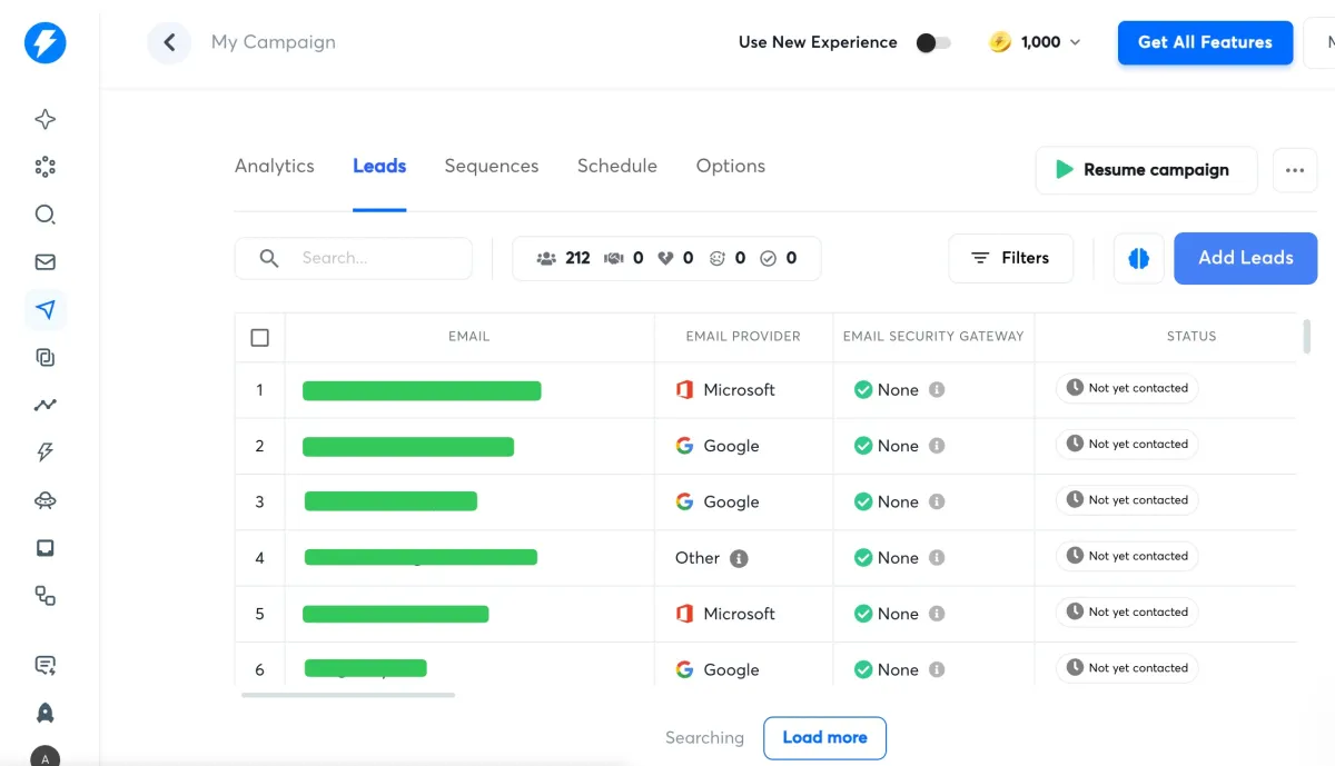 Ecommerce leads from BootLeads in an Instantly campaign, emails redacted