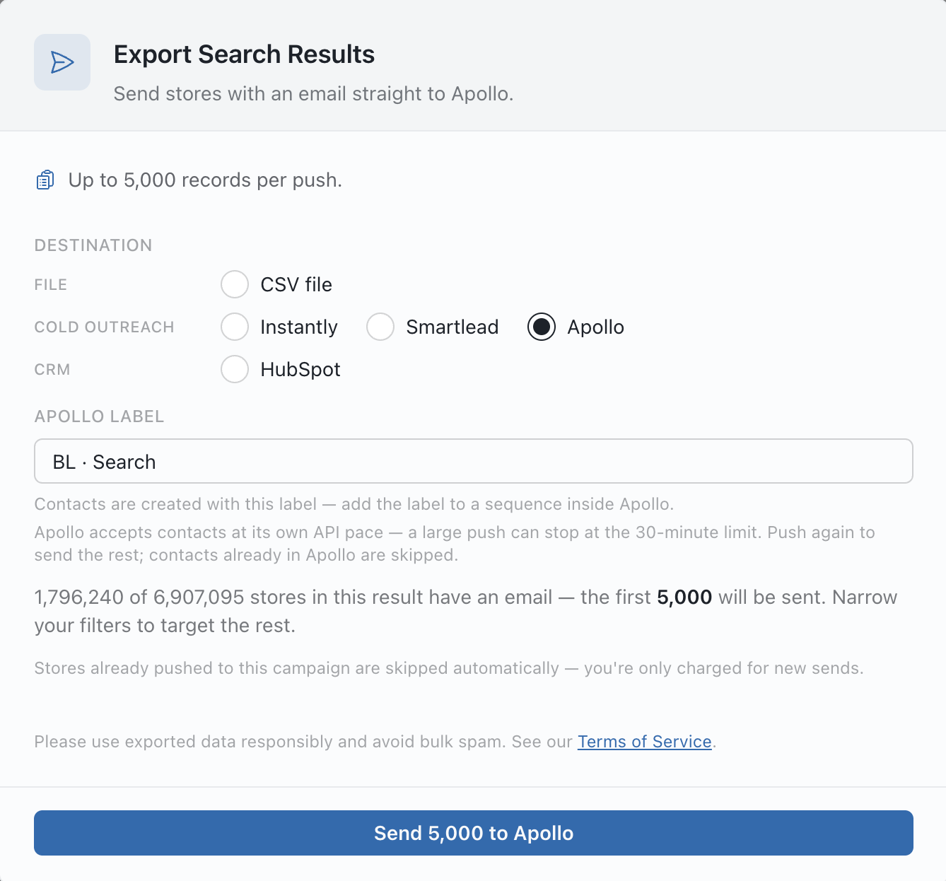 BootLeads export panel creating ecommerce contacts under an Apollo label