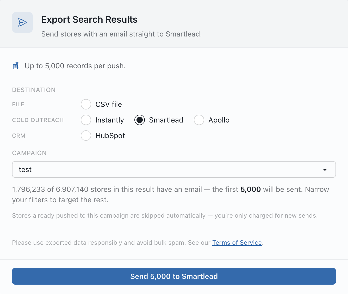 BootLeads export panel selecting a Smartlead campaign for ecommerce leads