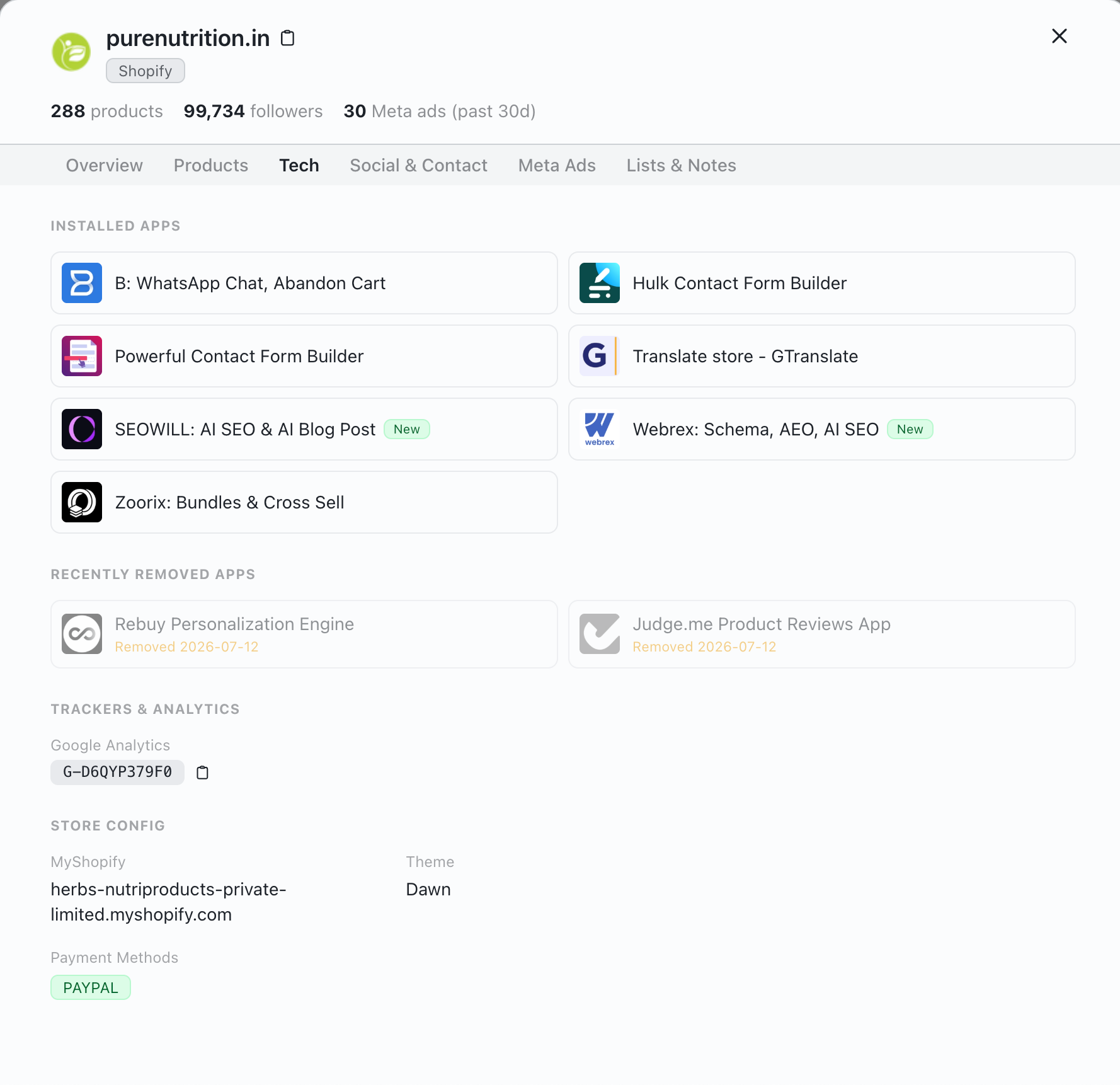 Find Shopify stores using specific apps with recent installs and removed app history